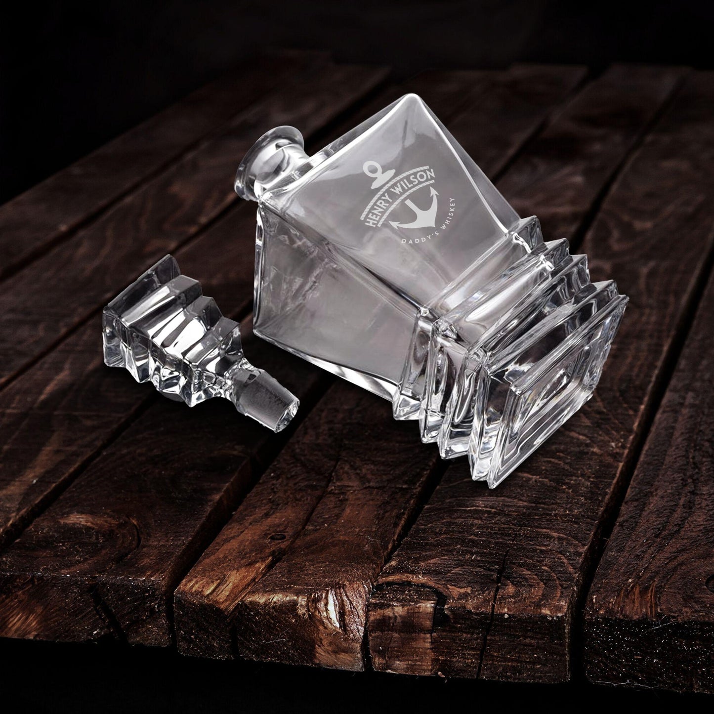 Engraved Prism Whiskey Decanter Set & 6 Glasses in Free Black Gift Box