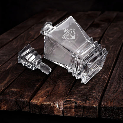 Engraved Prism Whiskey Decanter Set & 6 Glasses in Free Black Gift Box