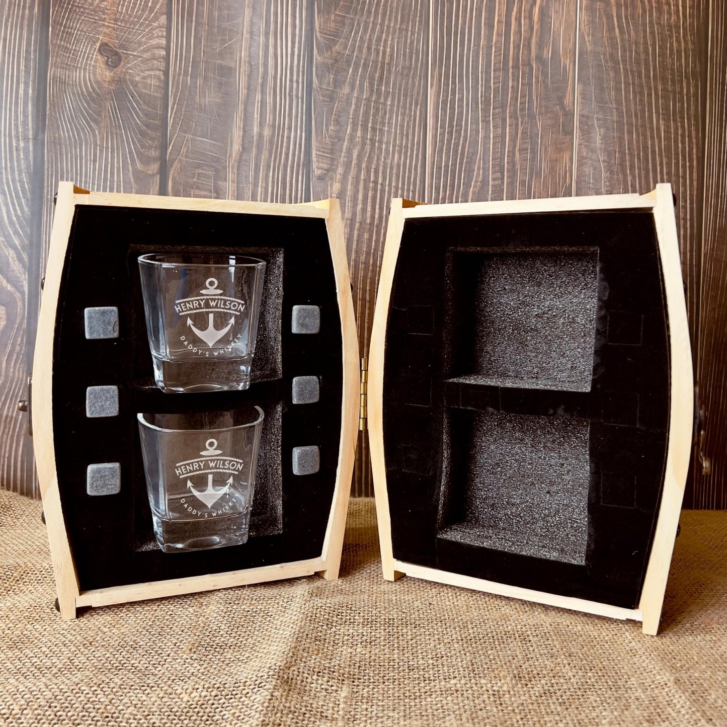 Personalised Set of 2 Whiskey Glasses & 6 Ice Stones in Wooden Barrel