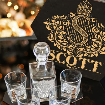 SCOTT - WHISKEY SET (Wooden box + Decanter + 4 Glasses + 4 Coasters)