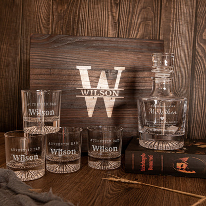Engraved Wooden Gift Boxed Round Whiskey Decanter & 4 Scotch Glasses Set