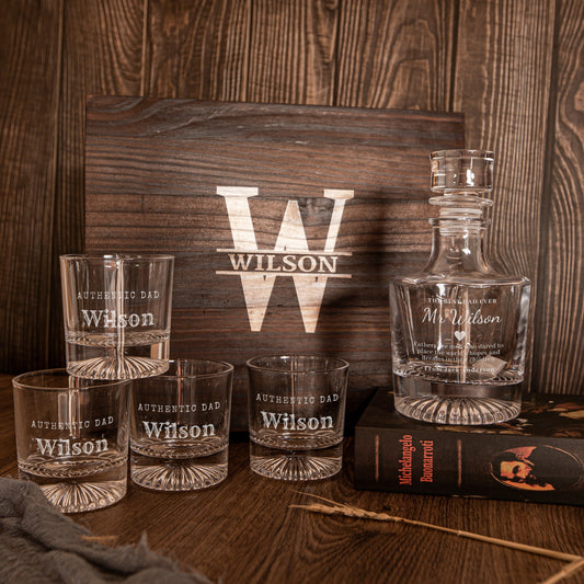 Engraved Wooden Gift Boxed Round Whiskey Decanter & 4 Scotch Glasses Set