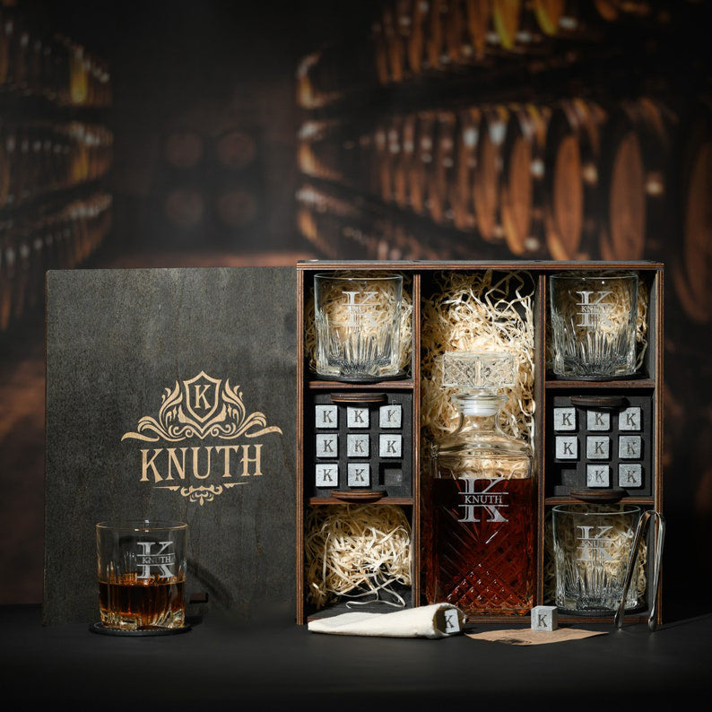 Engraved Old Fashioned Whiskey Glasses Set - Personalized Wooden Decanter Set