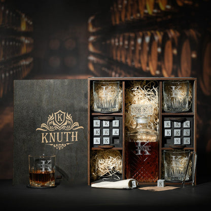 Engraved Old Fashioned Whiskey Glasses Set - Personalized Wooden Decanter Set