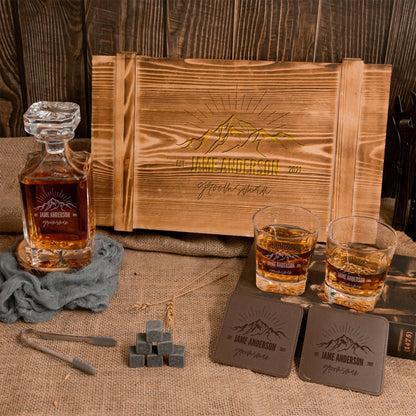 Personalised Army Crate Wooden Whiskey Gift Box - Star Base Decanter, 2 Glasses, 2 Coasters, 9 Ice Stones Set