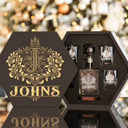 JOHNS - WHISKEY SET (Wooden box + Decanter + 4 Glasses + 4 Coasters)