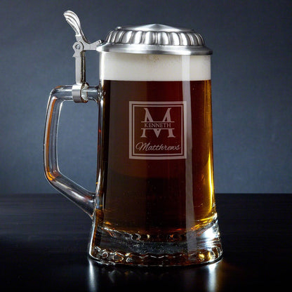 Personalized Beer Stein with Pewter Lid, Set of 2