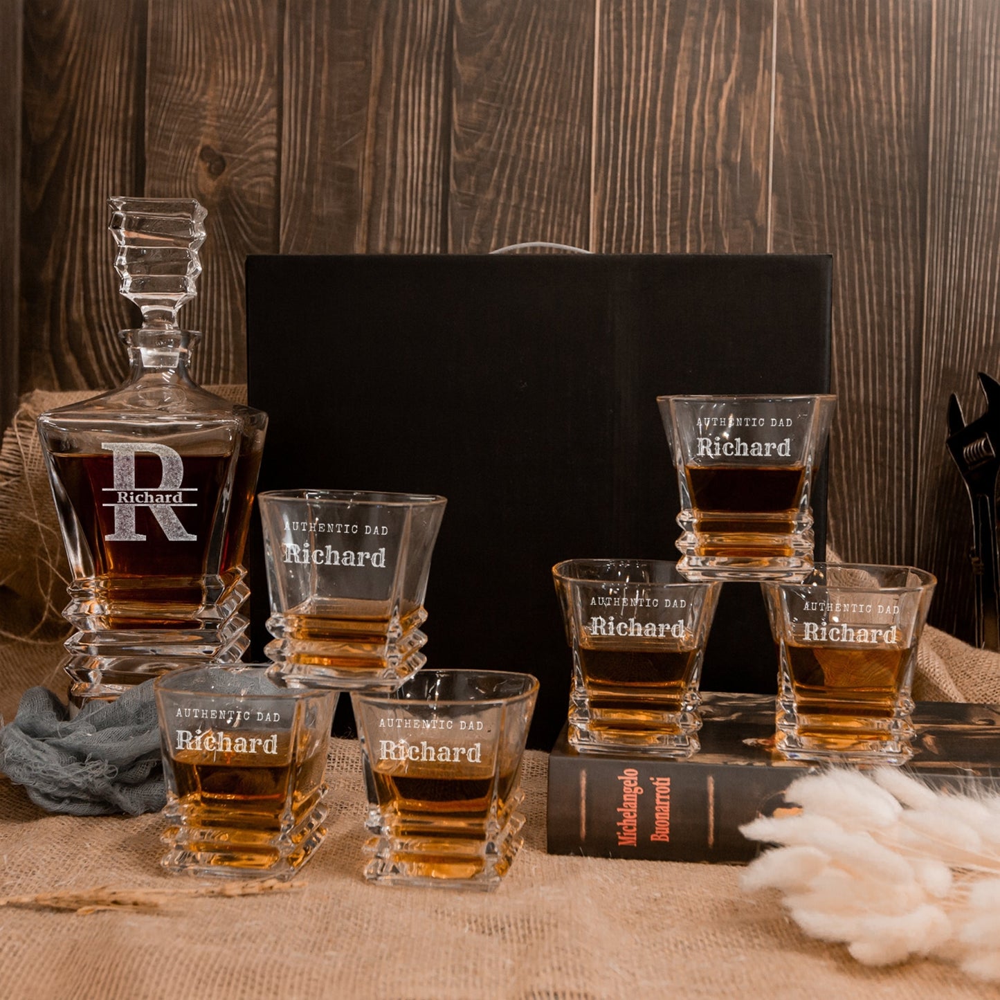 Engraved Prism Whiskey Decanter Set & 6 Glasses in Free Black Gift Box