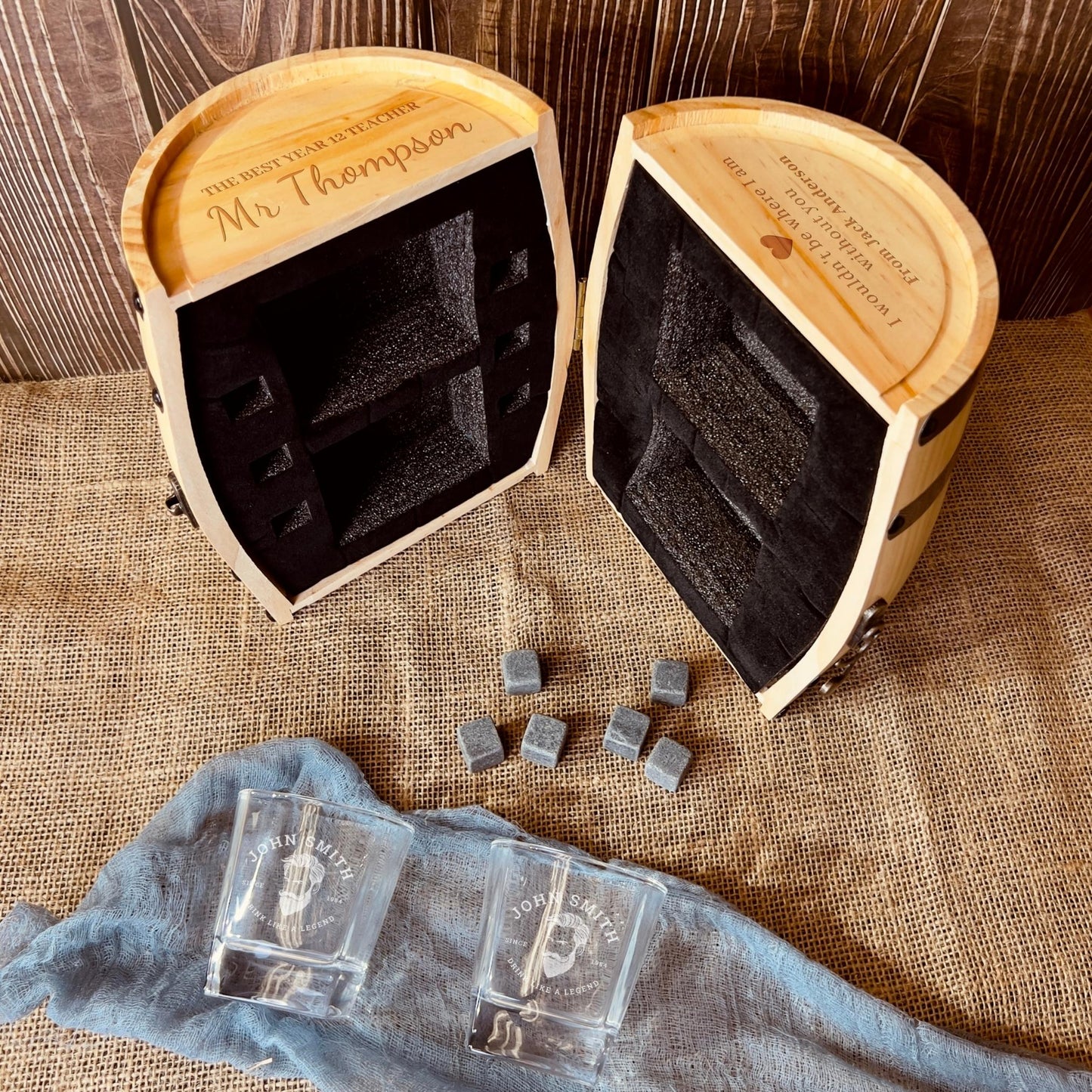 Personalised Set of 2 Whiskey Glasses & 6 Ice Stones in Wooden Barrel