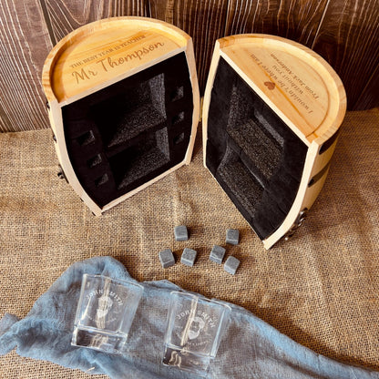 Personalised Set of 2 Whiskey Glasses & 6 Ice Stones in Wooden Barrel
