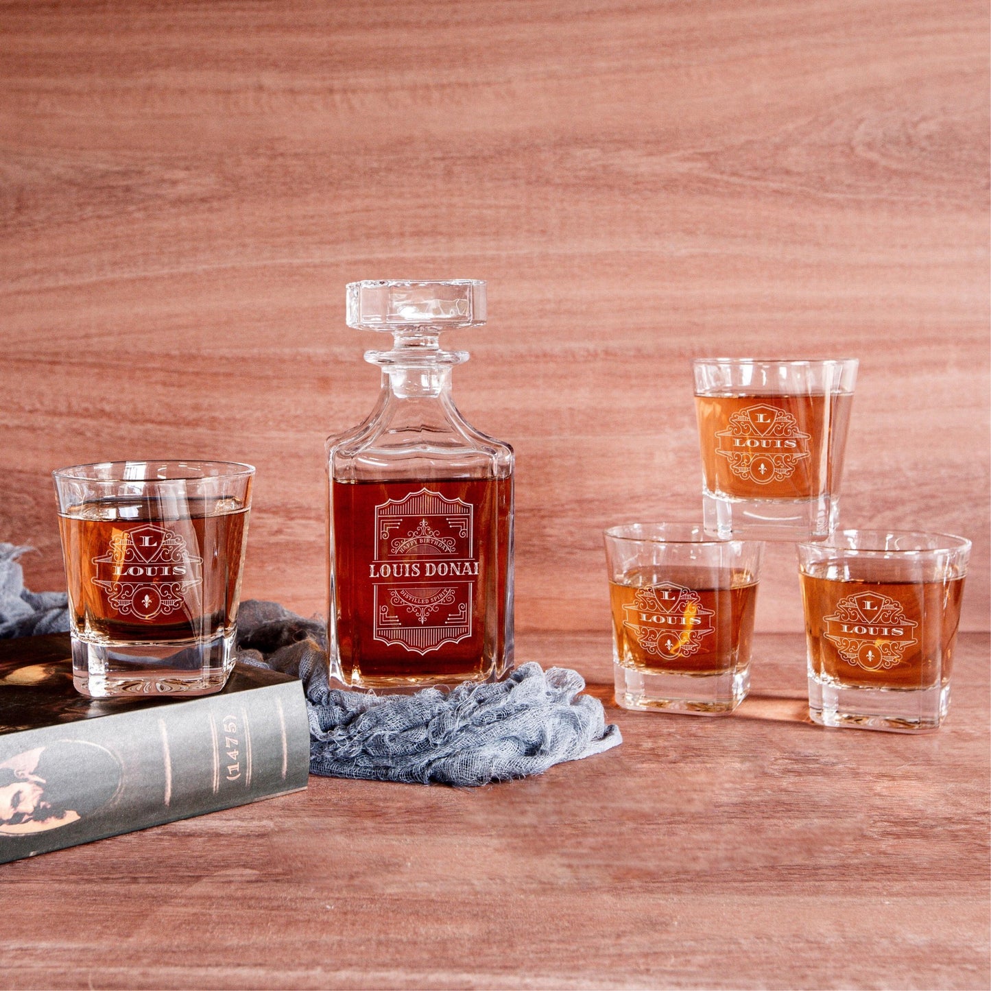 Engraved Wooden Gift Boxed Whiskey Decanter & 4 Scotch Star Base Glasses Set