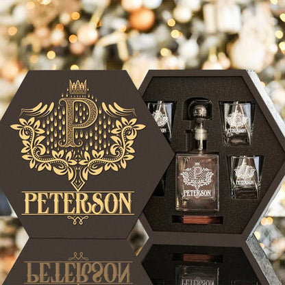 PETERSON - WHISKEY SET (Wooden box + Decanter + 4 Glasses + 4 Coasters)