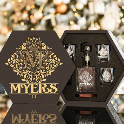 MYERS - WHISKEY SET (Wooden box + Decanter + 4 Glasses + 4 Coasters)