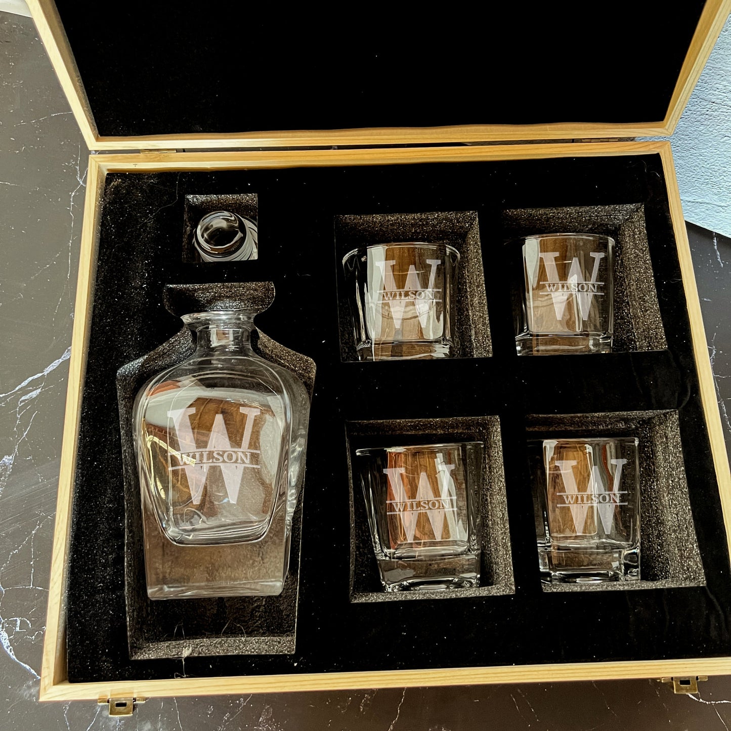 Engraved Wooden Gift Boxed Curve Whiskey Decanter & 4 Scotch Glasses Set