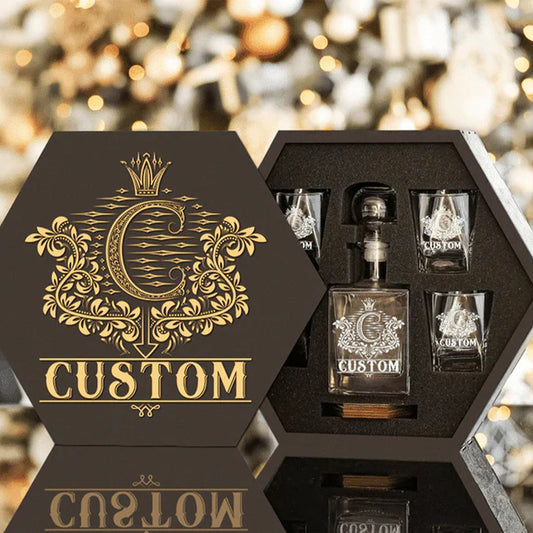 Custom Name - Whiskey Set (Wooden Box + Decanter + 4 Glasses + 4 Coasters), Bourbon Whiskey Collectibles,Father's Day Gift For Dad & Grandpa