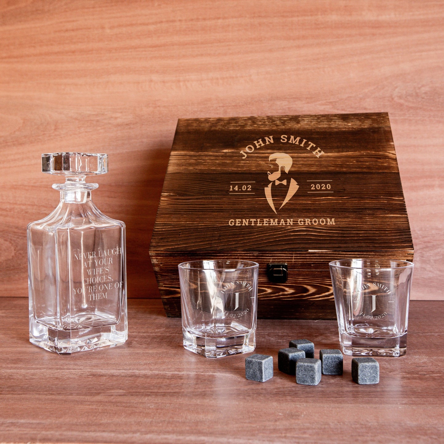 Engraved Square Whiskey Decanter with 2 Scotch Glasses & 6 Ice Stones Set in Wooden Gift Box