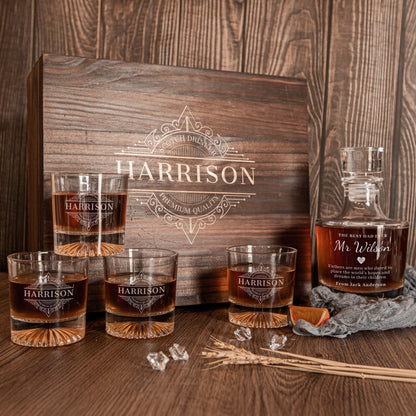 Engraved Wooden Gift Boxed Round Whiskey Decanter & 4 Scotch Glasses Set