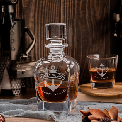 Engraved Curve Whiskey Decanter Set with 4  Scotch Glasses