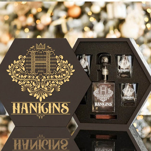 HANKINS - WHISKEY SET (Wooden box + Decanter + 4 Glasses + 4 Coasters)