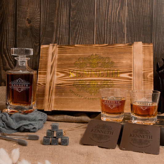 Personalised Army Crate Wooden Whiskey Gift Box - Star Base Decanter, 2 Glasses, 2 Coasters, 9 Ice Stones Set