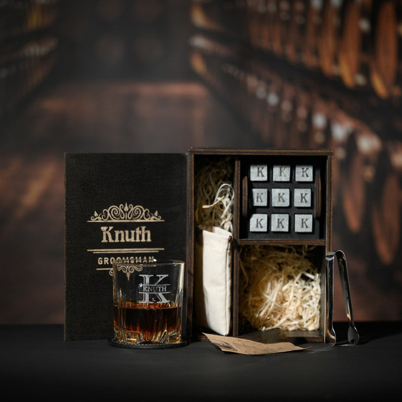 Engraved Old Fashioned Whiskey Glasses Set - Personalized Wooden Decanter Set