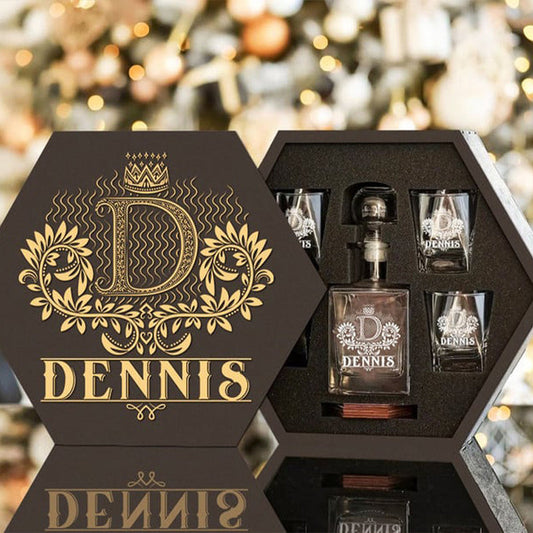 DENNIS - WHISKEY SET (Wooden box + Decanter + 4 Glasses + 4 Coasters)