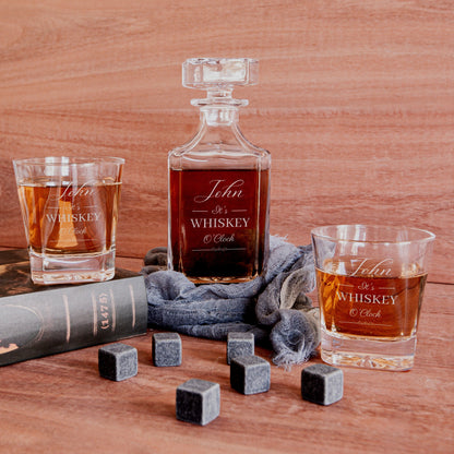 Engraved Square Whiskey Decanter with 2 Scotch Glasses & 6 Ice Stones Set in Wooden Gift Box