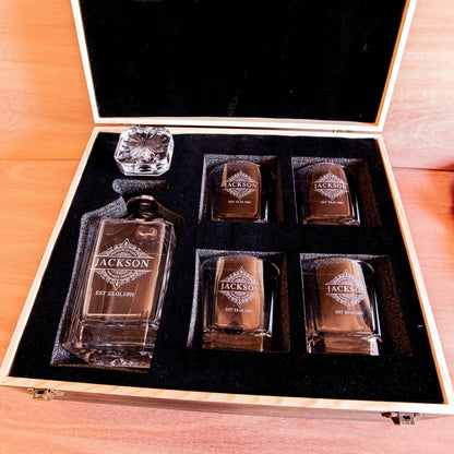 Engraved Wooden Gift Boxed Whiskey Decanter & 4 Scotch Star Base Glasses Set