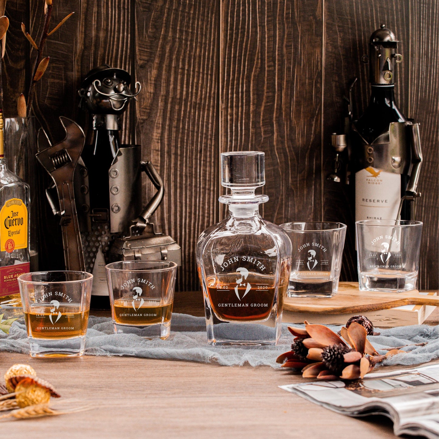 Engraved Curve Whiskey Decanter Set with 4  Scotch Glasses