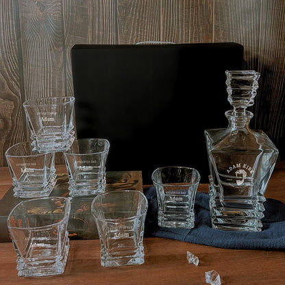 Engraved Prism Whiskey Decanter Set & 6 Glasses in Free Black Gift Box