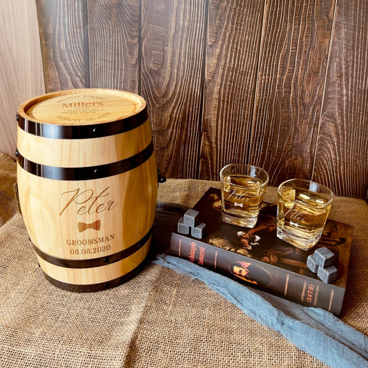 Personalised Set of 2 Whiskey Glasses & 6 Ice Stones in Wooden Barrel