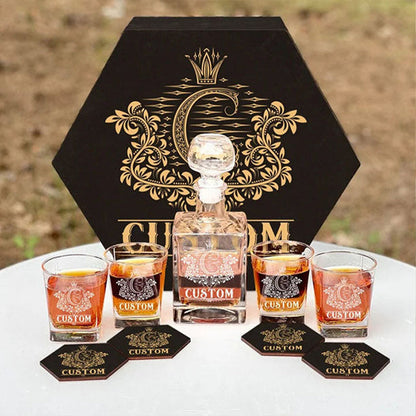 Custom Name - Whiskey Set (Wooden Box + Decanter + 4 Glasses + 4 Coasters), Bourbon Whiskey Collectibles,Father's Day Gift For Dad & Grandpa