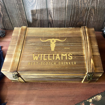 Personalised Army Crate Wooden Whiskey Gift Box - Star Base Decanter, 2 Glasses, 2 Coasters, 9 Ice Stones Set