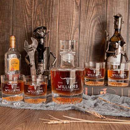 Engraved Round Whiskey Decanter Set with 4  Scotch Glasses