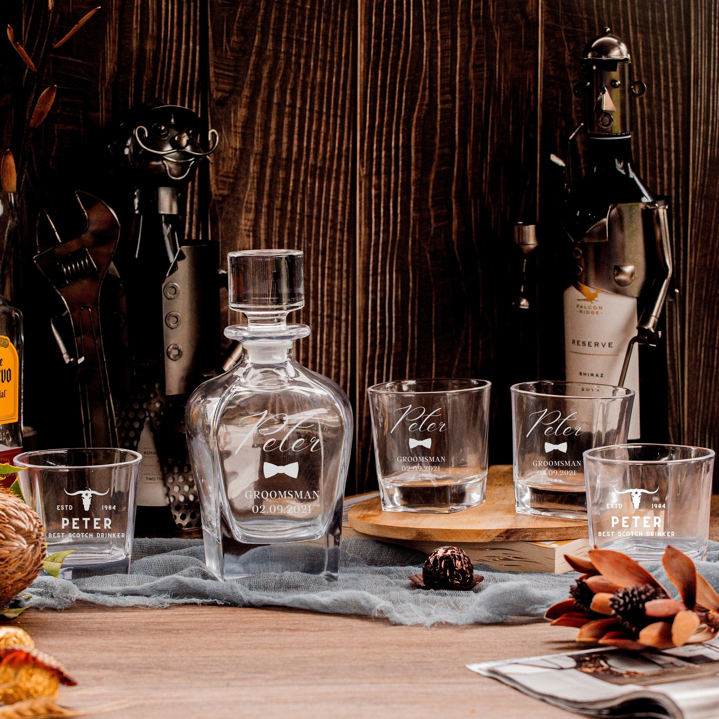 Engraved Curve Whiskey Decanter Set with 4  Scotch Glasses