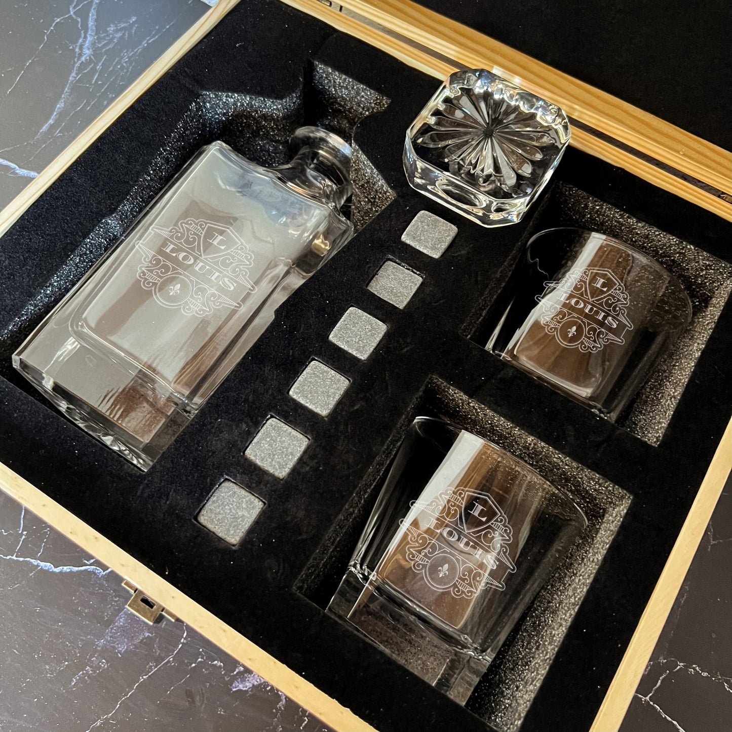 Engraved Square Whiskey Decanter with 2 Scotch Glasses & 6 Ice Stones Set in Wooden Gift Box