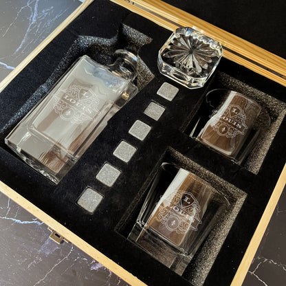 Engraved Square Whiskey Decanter with 2 Scotch Glasses & 6 Ice Stones Set in Wooden Gift Box