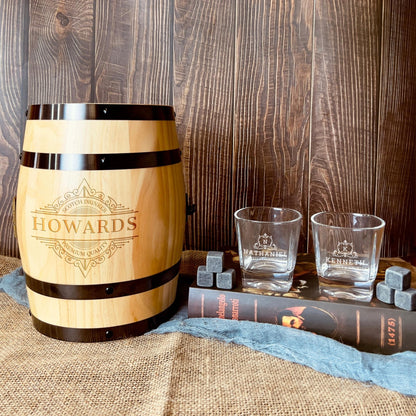 Personalised Set of 2 Whiskey Glasses & 6 Ice Stones in Wooden Barrel