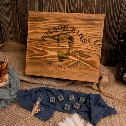 Engraved Flat Whiskey Decanter with 2 Scotch Glasses & 6 Ice Stones Set in Wooden Gift Box