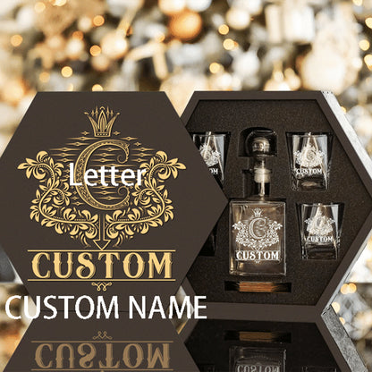 Custom Name - Whiskey Set (Wooden Box + Decanter + 4 Glasses + 4 Coasters), Bourbon Whiskey Collectibles,Father's Day Gift For Dad & Grandpa