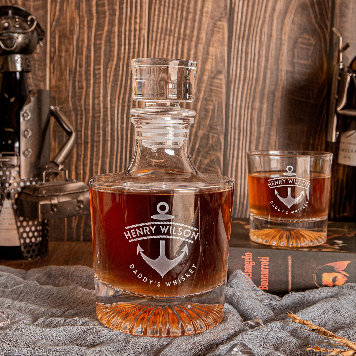 Engraved Round Whiskey Decanter Set with 4  Scotch Glasses