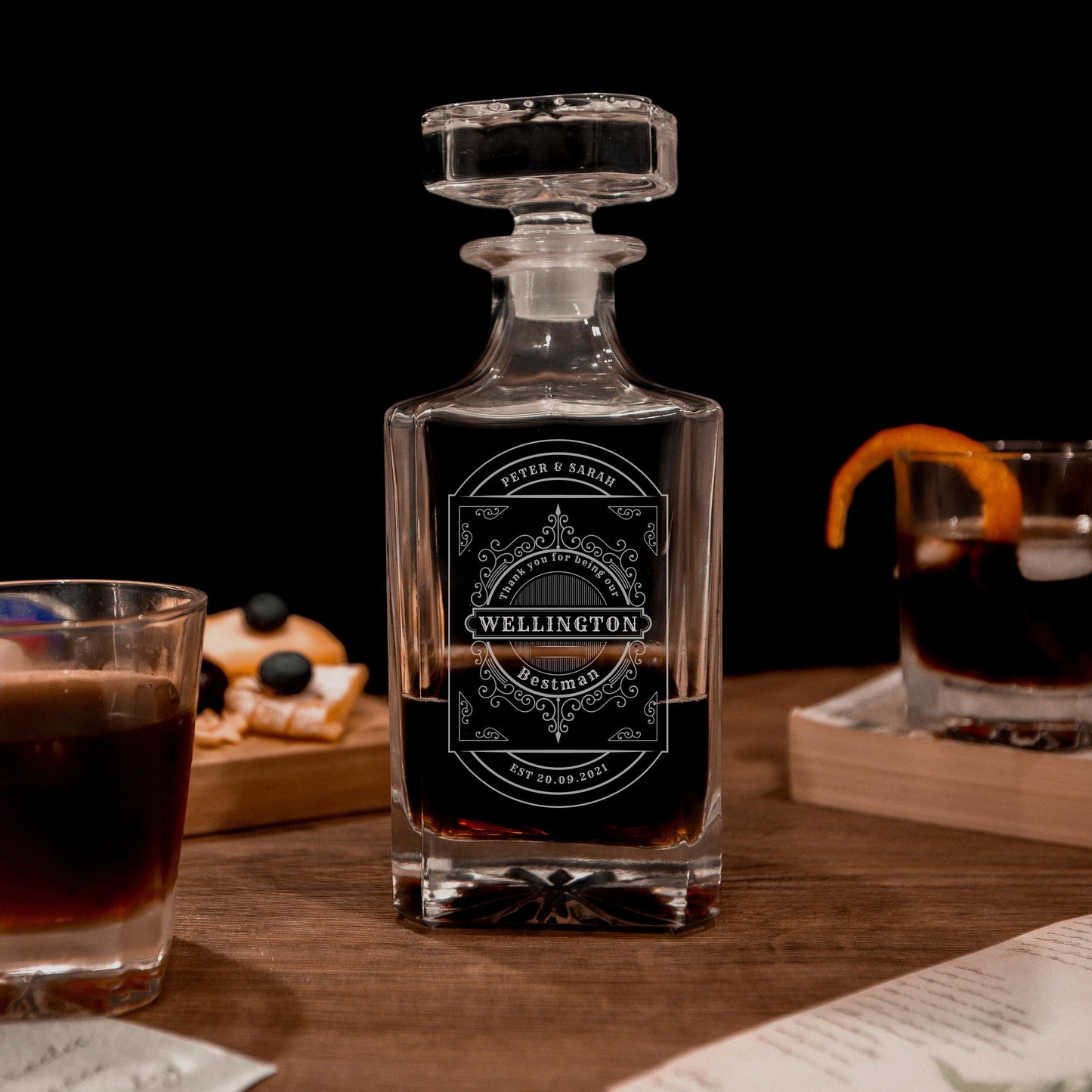 Engraved Whiskey Decanter Set with 4  Scotch Glasses