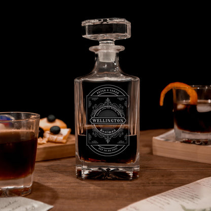 Engraved Whiskey Decanter Set with 4  Scotch Glasses
