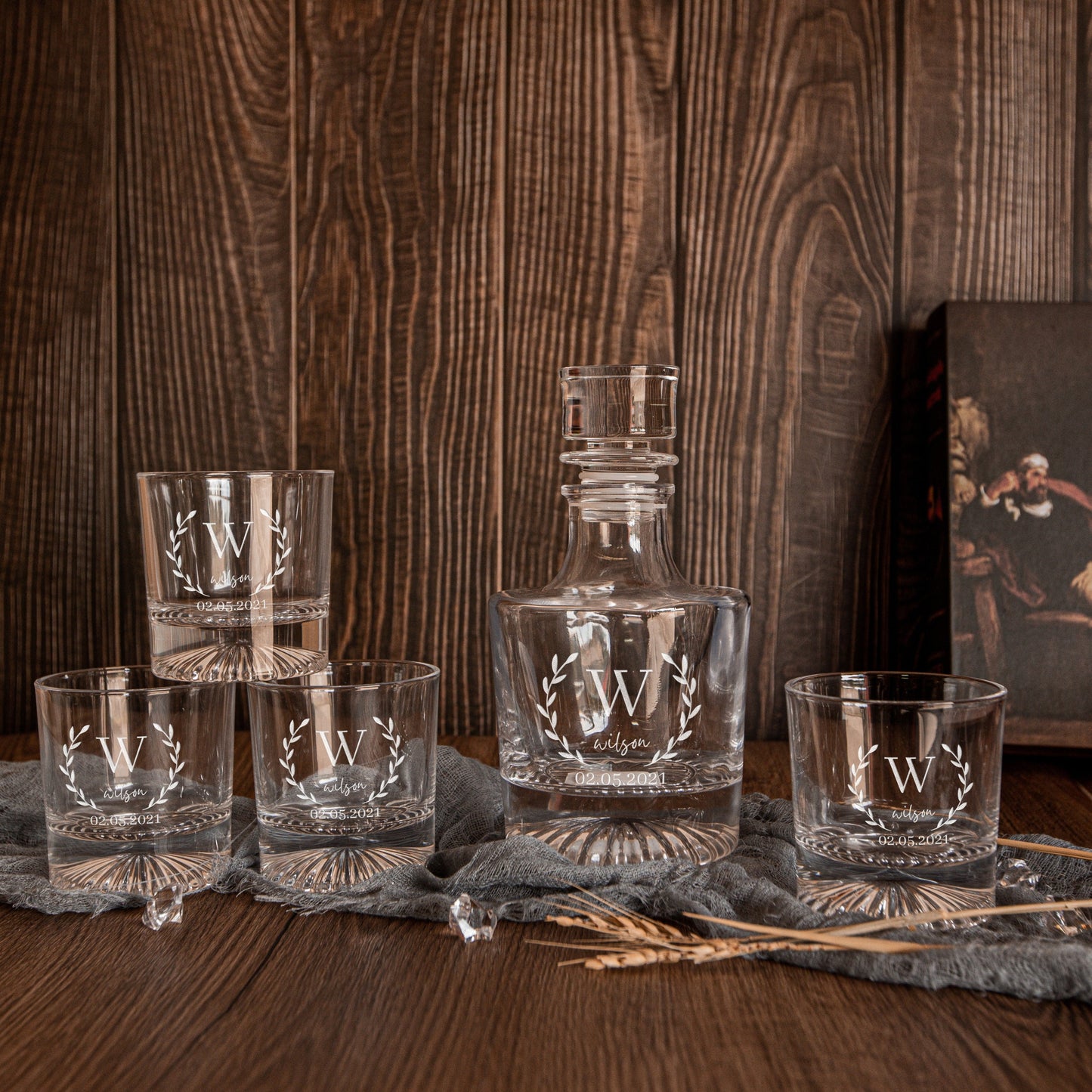 Engraved Round Whiskey Decanter Set with 4  Scotch Glasses