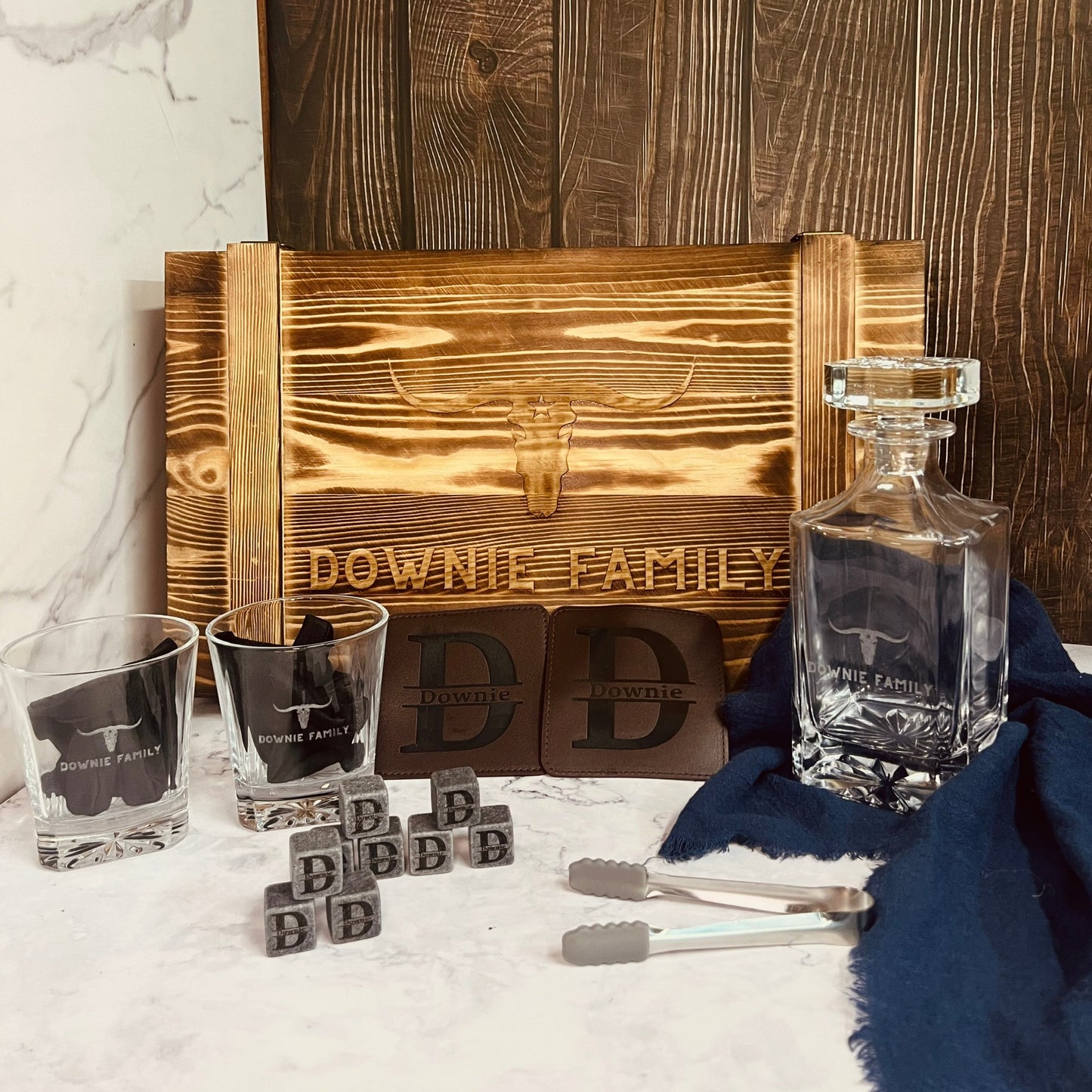 Personalised Army Crate Wooden Whiskey Gift Box - Star Base Decanter, 2 Glasses, 2 Coasters, 9 Ice Stones Set
