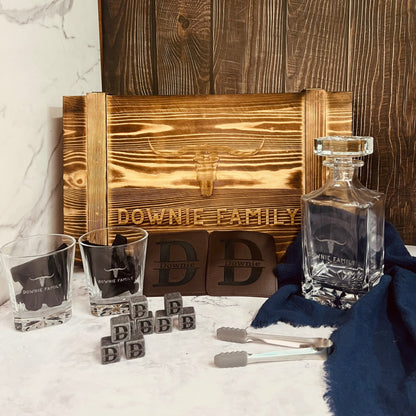 Personalised Army Crate Wooden Whiskey Gift Box - Star Base Decanter, 2 Glasses, 2 Coasters, 9 Ice Stones Set