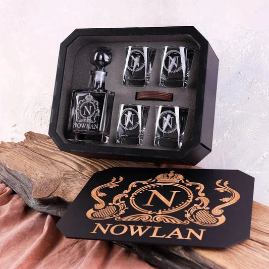 NOWLAN - WHISKEY SET (WOODEN BOX + DECANTER + 4 GLASSES + 4 COASTERS) Father's Day Gift For Dad & Grandpa