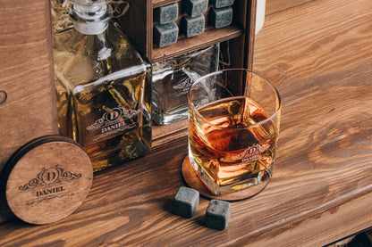 Whiskey Decanter Set, Personalized Whiskey Glasses,  Engraved Wooden Gift Box