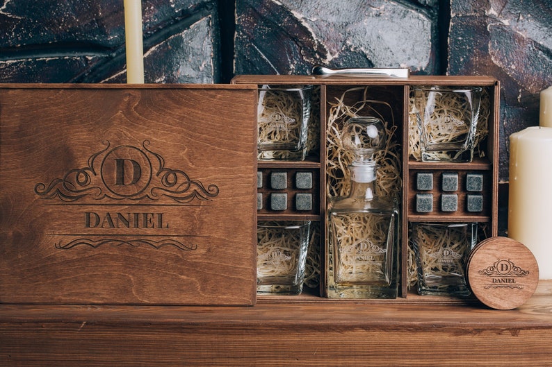 Whiskey Decanter Set, Personalized Whiskey Glasses,  Engraved Wooden Gift Box
