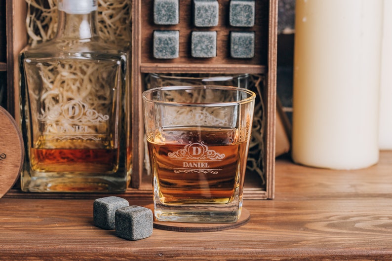 Whiskey Decanter Set, Personalized Whiskey Glasses,  Engraved Wooden Gift Box